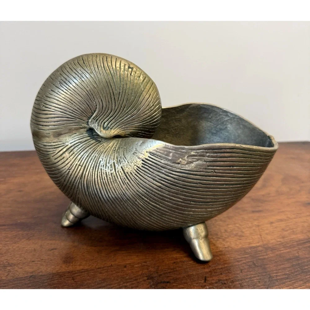 Vintage Brass Nautilus Shell Planter Cachepot Footed MCM Hollywood Regency 8